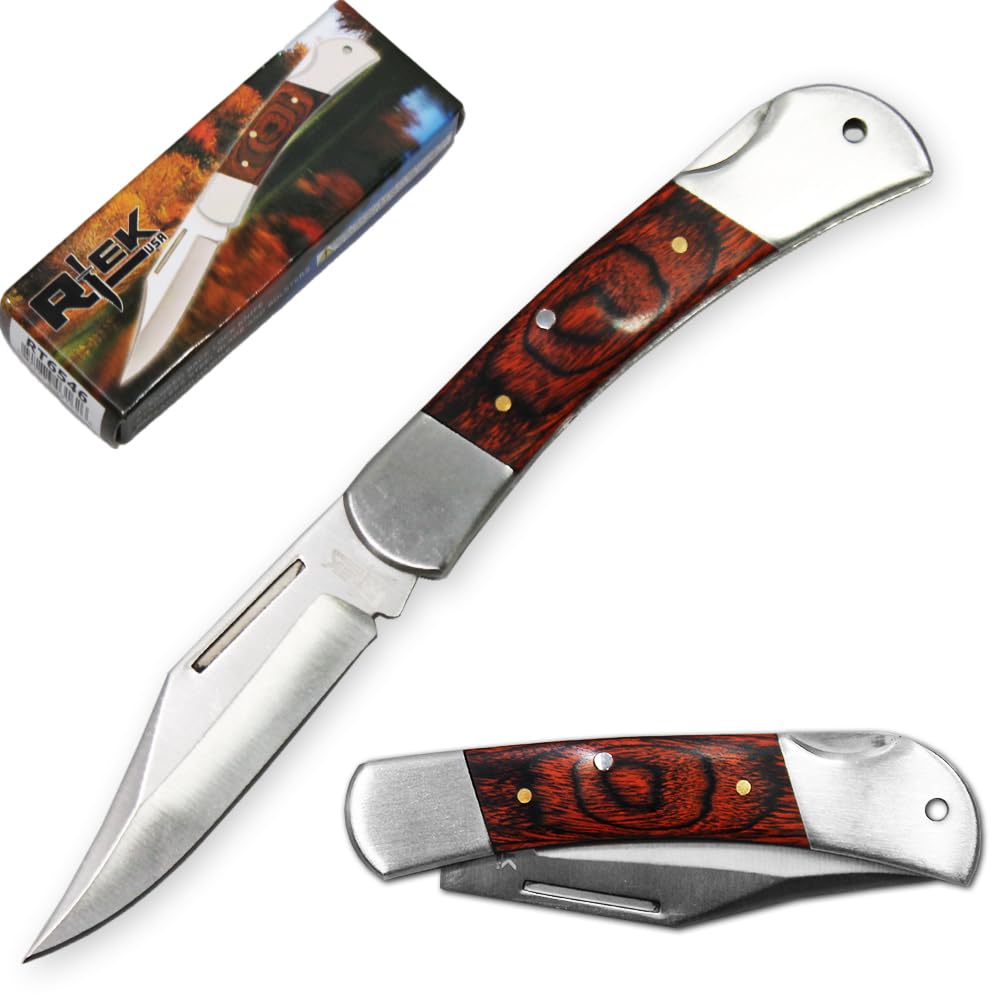 Rtek 3.75" Spanish Brown Wood Handle Pocket Knife, Lockback Traditional Folding Knife with Stainless Steel Blade for Outdoor, Survival, EDC, Camping, and Every Day Carry, Gifts for Men