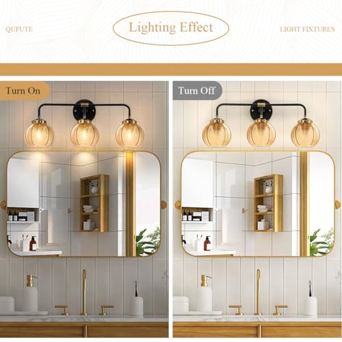 Image of 3 Light Glass Globe Wall Sconce Lights Amber Mid Century Modern Wall Light Fixtures Bathroom Vanity Lights with Ribbed Glass Shade Black Gold Wall Mount Lamp Over Mirror Bedroom