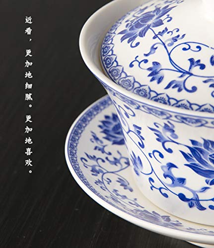 Image of Liang baobao Traditional Gaiwan Tea Set with Lid and Saucer Blue Lotus Design Tea Cup Flower Porcelain Teacups 10oz