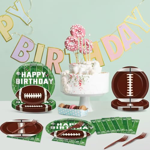 Image of 100 Pcs Football Party Supplies Set Football Birthday Plates and Napkins Sports Party Tableware Packs Decorations Sports Disposable Paper Plates Napkins Forks Serve 25