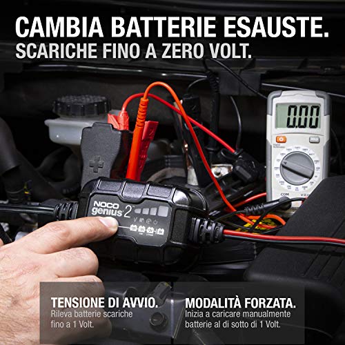 NOCO GENIUS2EU, Caricabatterie Intelligente Portatile 2A, Professionale 6V e 12V AGM, Gel e Litio Caricabatterie et Mantenitore più Desolforatore per Auto, Moto, Scooter, Barche, Camion e Camper