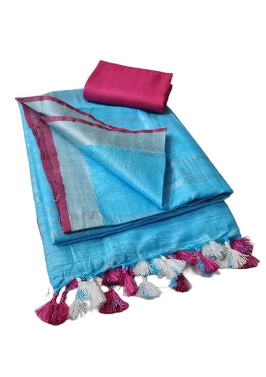 Image of STB-SILK TEXTILES BHAGALPUR Women's Linen Slub Saree With Contrast Blouse Piece