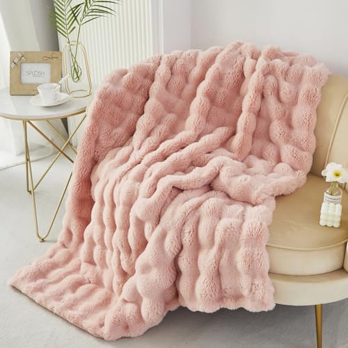 RYNGHIPY Faux Fur Bed Blankets Fluffy Warm Throw Blanket for Sofa Couch Soft Plush Decorative Blanket Thick and Heavy Cute Bubble Furry Blanket (Blush, 51''x63'')