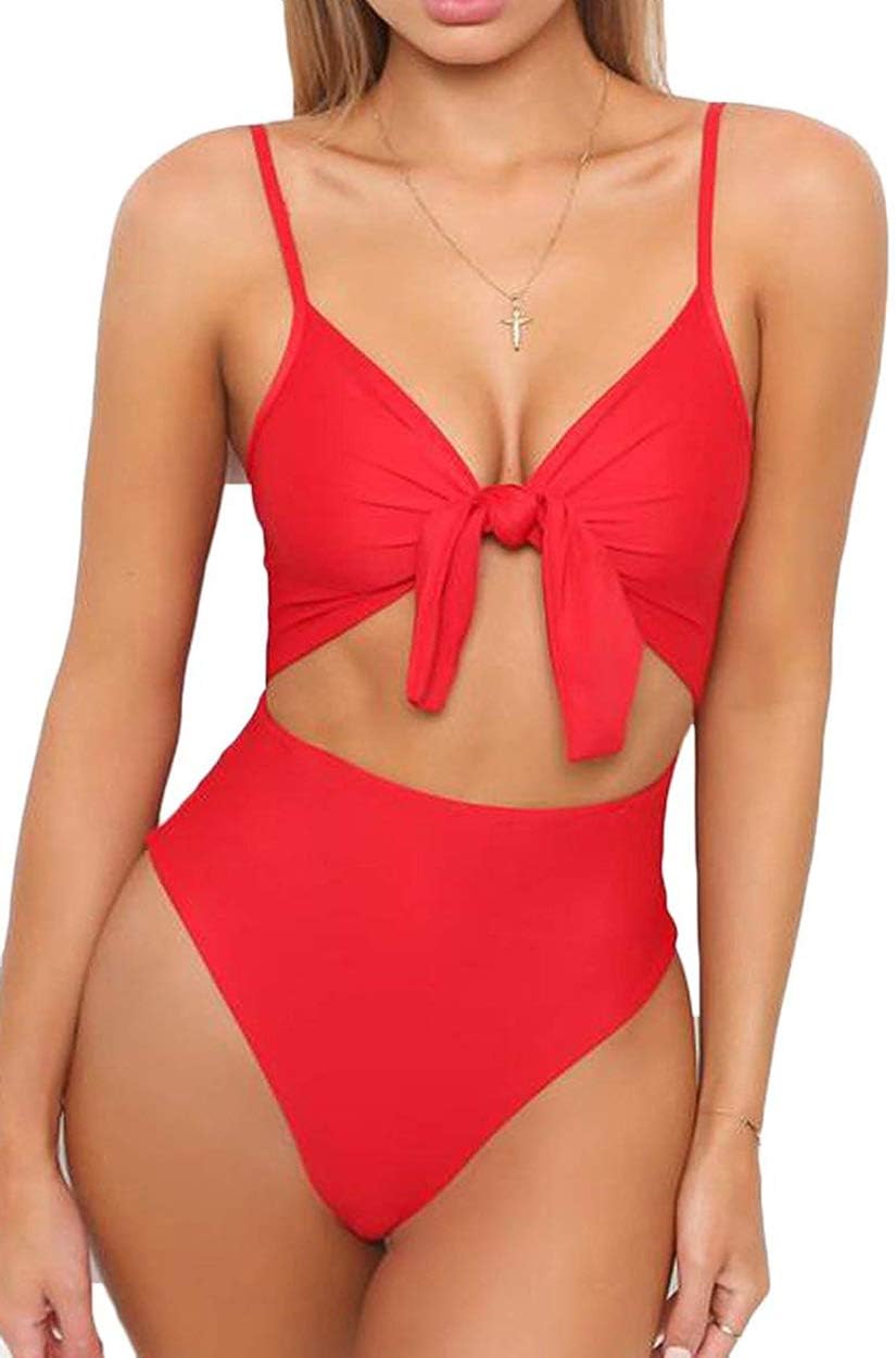 Women's Spaghetti Strap Tie Knot Front Cut Out High Waist One Piece Swimsuits