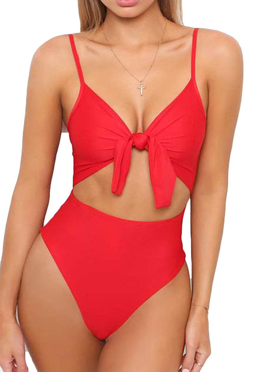 Women's Spaghetti Strap Tie Knot Front Cut Out High Waist One Piece Swimsuits