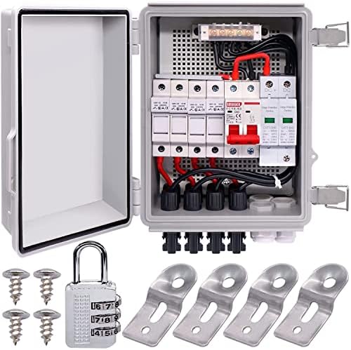 Taiss 4 String PV Combiner Box Solar Combiner Box with 63A Circuit Breaker and 15A Fuse & Lightning Arreste IP65 Waterproof Solar Connectors for Off Grid Solar Panel System and Solar Panel Kit Home
