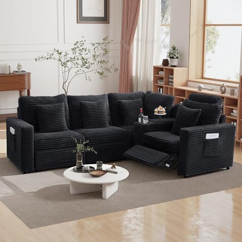 Image of RARZOE Modular Sectional Sofa with Power Recliner, 4-Seater L-Shaped Corduroy Reclining Couch with Storage Console Charging Cup Holders, Fluffy Recliner Sectional Couches for Living Room,Black