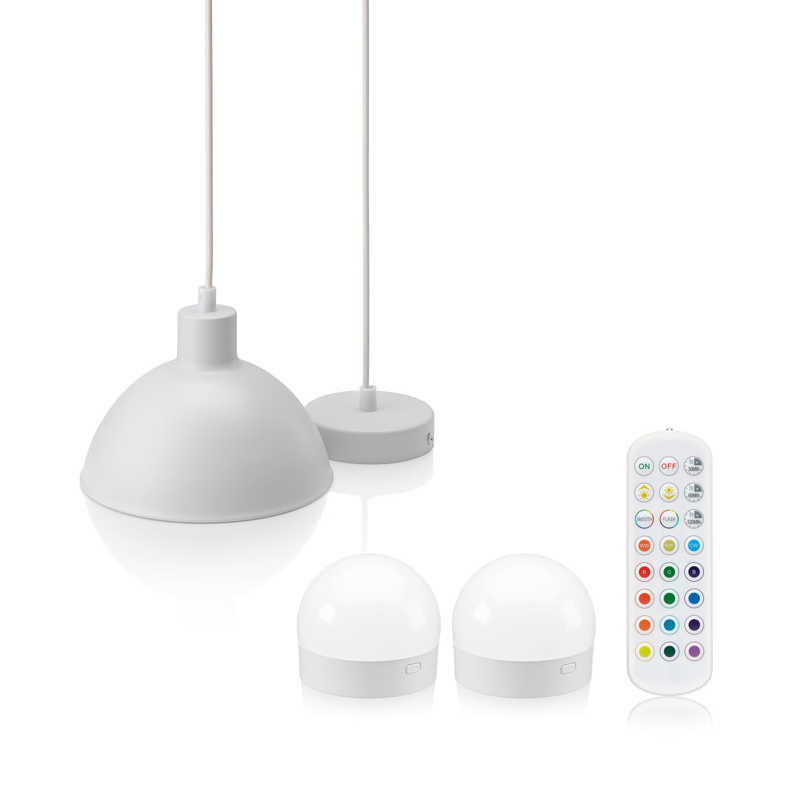 Auraglow Rechargeable Wireless Pendant Light with Remote – Cordless, Battery-Powered, Dimmable, Colour-Changing (White, 1 Lamp, 2 Light Sources, 1 Remote)