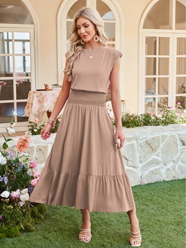 Image of Kikibell Womens Summer Dresses Cap Sleeve Elastic Waist Midi Dress with Pocket Long Causal Sundress Beach Vacation Outfits