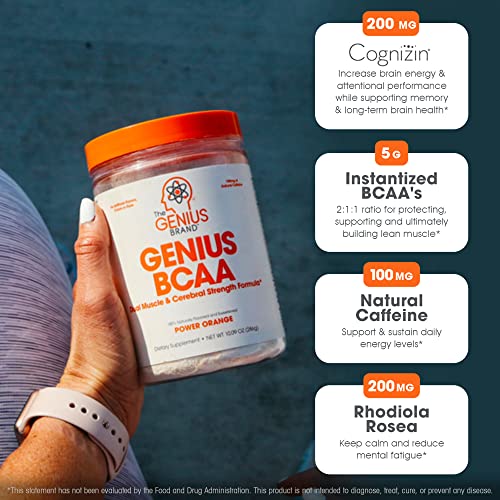 Genius Bcaa Energy Powder, Orange - Nootropic Amino Acids & Muscle Recovery - Natural Vegan Bcaas Workout Supplement For Women & Men (Pre, Intra & Post Workout) - No Artificial Sweeteners #TOP2