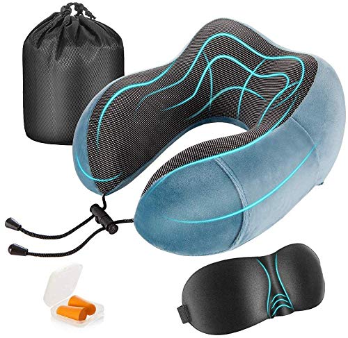 Newdora Almohada de Viaje Viscoelástica de Espuma de Memoria, Almohada de Cuello, Almohadas de Acampada, Almohada Ortopédica Cervica, Soporte de Cuello, con Máscara de Ojos y Tapones, Azul-01
