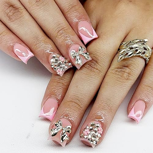 Image of Secret Lives Square False Nails - Metallic 3D Bow Press-On Nails with Rhinestones - Glam Sparkly Nail Tips, Reusable Artificial Nail Set for Women