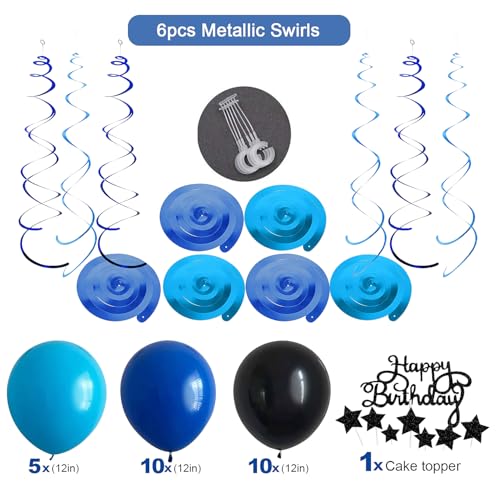 Blue and Black Happy Birthday Party Decorations kit for Boys Men Women with Happy Birthday Banner, Fringe Curtain,Foil Balloons,Cake Topper for birthday decor (blue black) - Image 4