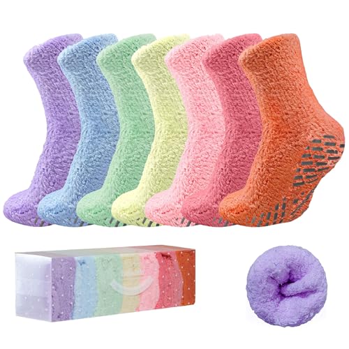 Image of Bulinlulu Fuzzy Socks for Women with Grey Grips Plush Fuzzy Sleep Cozy Sleep Winter Soft Fluffy Socks(Light Blue /Yellow /Green /Rose /Pinks /Purple /Orange)