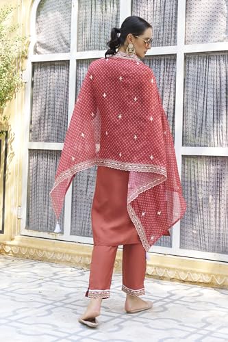 Image of VredeVogel Women's Silk Blend Embroidered Kurta with Pant & Organza Dupatta Set