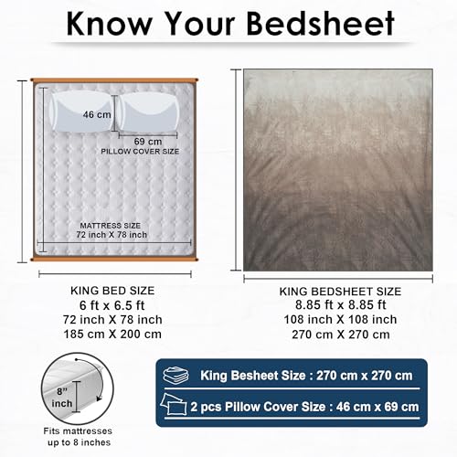 Image of Story@Home Luxe 400 TC Sateen Weave 100% Cotton Bedsheet King 270 cm x 270 cm Ombre Printed Soft Flat Sheet with 2 Pillow Covers 18 x 27 Inch Coffee Brown-Gift Packaging
