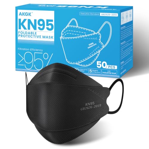 akgk KN95 Face Masks 50 Pack for Adults, 5-Ply Black Disposable Face Mask