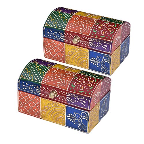 Juego de 2 cajas de joyería orientales Amit ❤ 7,5 x 13 x 7,5 cm (An x P x Al) ❤ Arcón para joyas pintado a mano, pequeñas cajas de madera ❤ MA19-242