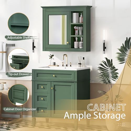 Image of Merax 30 Inch Bathroom Vanity with Sink Set, Modern Bathroom Vanity Storage Cabinet with Matching Mirror Medicine Cabinet, Solid Wood Frame,Painted Finish, 2 Drawers and 1 Tip-Out Drawer, Green