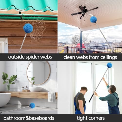Image of Cobweb Duster with Extension Pole - Outdoor Spider Web Cleaner with Long Handle for High Ceiling and Wall Duster - 5ft Web Remover and Dusting Brush - House Cleaning Tool