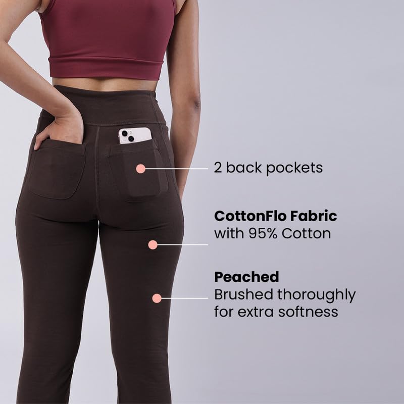 Image of Blissclub AM:PM Cotton Flare Pants for Women Above 5'5 ft Tall | Wide Waistband, 4 Pockets | Bell Bottom Pants and high Waist Trousers for Office wear