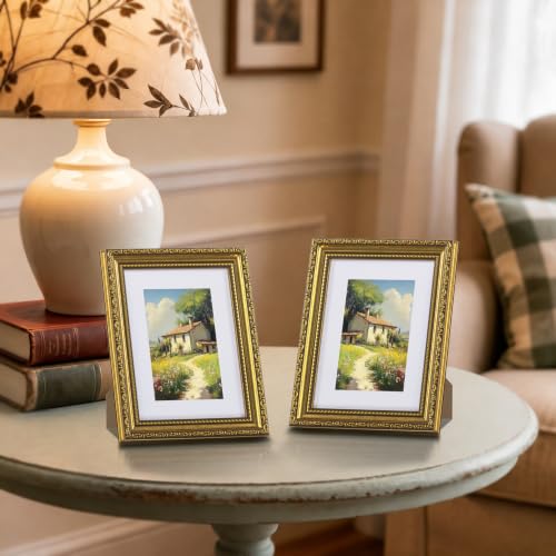 Image of eletecpro 6x8 Vintage Picture Frame, Glass Cover, Gold, 2-Pack