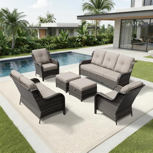 Image of Joyside 6 Piece Wicker Patio Furniture Set, Rattan Patio Chairs with High Back, Deep Seating, Wide Armrest, Thickened Cushions, Outdoor Furniture for Deck, Porch Use