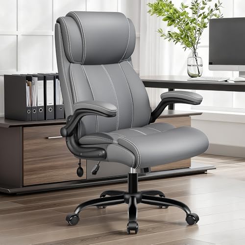 Image of BESTFAIR Ergonomic Office Chair, Adjustable Lumbar Support, High Back, Gray | Inflatable Lumbar for Custom Comfort, Flip-Up Arms, 21 inch Wide Seat, Scratch-Resistant PU Leather, Rocking Function, 4 Pack