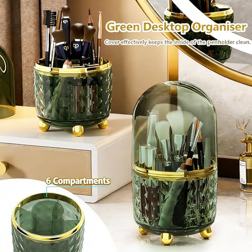 Image of GOTOBA 360 Rotating Pencil Holder for Desk, Makeup Brush Holder with 6 Slots, Desk Organizer for Writing Utensil, Office and School Supplies (Green with cover)