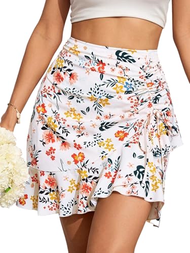 EARKOHA 2025 Skirts for Women Ditsy Floral Print Drawstring Ruffle Hem Skirt White L