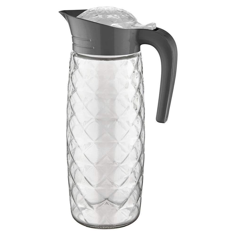 Amfora Oval Patterned Pitcher 1600cc, 1.6L, Glass Pitcher, Water with Lid, Iced Tea Easy Clean Heat Resistant Jug for Juice, Milk, Cold or Hot Beverages, Beige