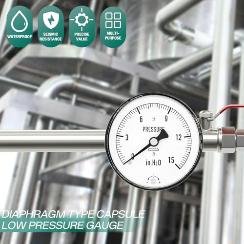 Image of 0-15 in H2O Diaphragm Type Capsule Low Pressure Gauge 2-1 /3 inch Dial Size, 1 /4 inch NPT Back Mount, Adjustable Water Column Gauge, for Pressure Testing with Air, Gas, Water, and Other Liquids