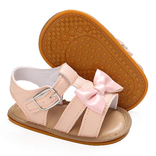 SOFMUO Baby Girls Boys Bowknot Sandals Premium Soft Anti-Slip Rubber Sole Infant Summer Outdoor Shoes Toddler First Walkers(Pink,6-12 Months)
