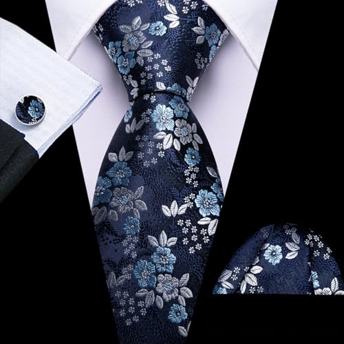 Image of Barry.Wang Flower Ties for Men Handkerchief Cufflinks Set Wedding Necktie Set Party