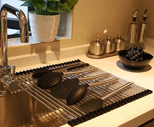 Image of Ahyuan Roll up Dish Drying Rack Over The Sink Kitchen Roll up Sink Drying Rack Portable Dish Drainer Foldable Dish Drying Rack (Black, 17.8''X15.8'')
