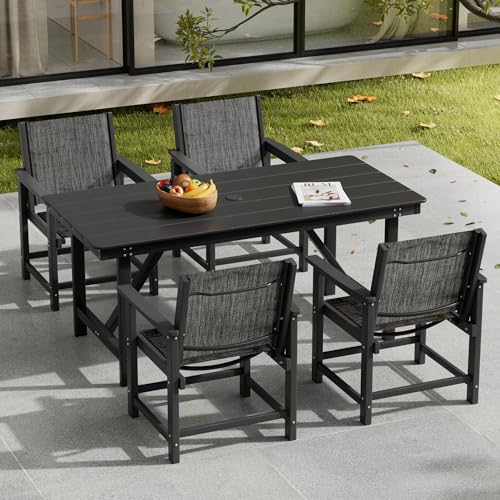 Image of 7 Piece HDPE Patio Dining Set, All-Weather Outdoor Table and Chair Sets with Umbrella Hole Outdoor Dining Table Sets of 6 Textilene Fabric Patio Chairs for Backyard, Poolside, Garden, Deck(Black)