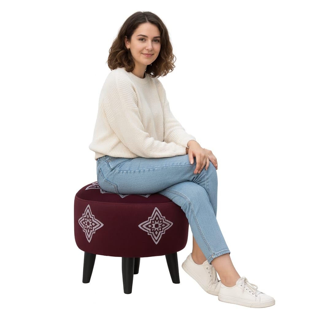 Jaico Round Ottoman with Moroccan-Inspired Geometric Pattern – Upholstered Footstool with Wooden Legs, Beige and Brown Accent Stool for Living Room or Bedroom Pack of 2. (Maroon) 3