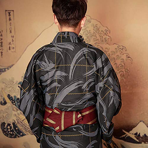 Men's Japanese Traditional Kimono Robe Long Sleeve Spa Bathrobe Easy Wearing Yukata Sleepwear Nightgown Unisex OBI Belt Set (One Size, 814# Black)4