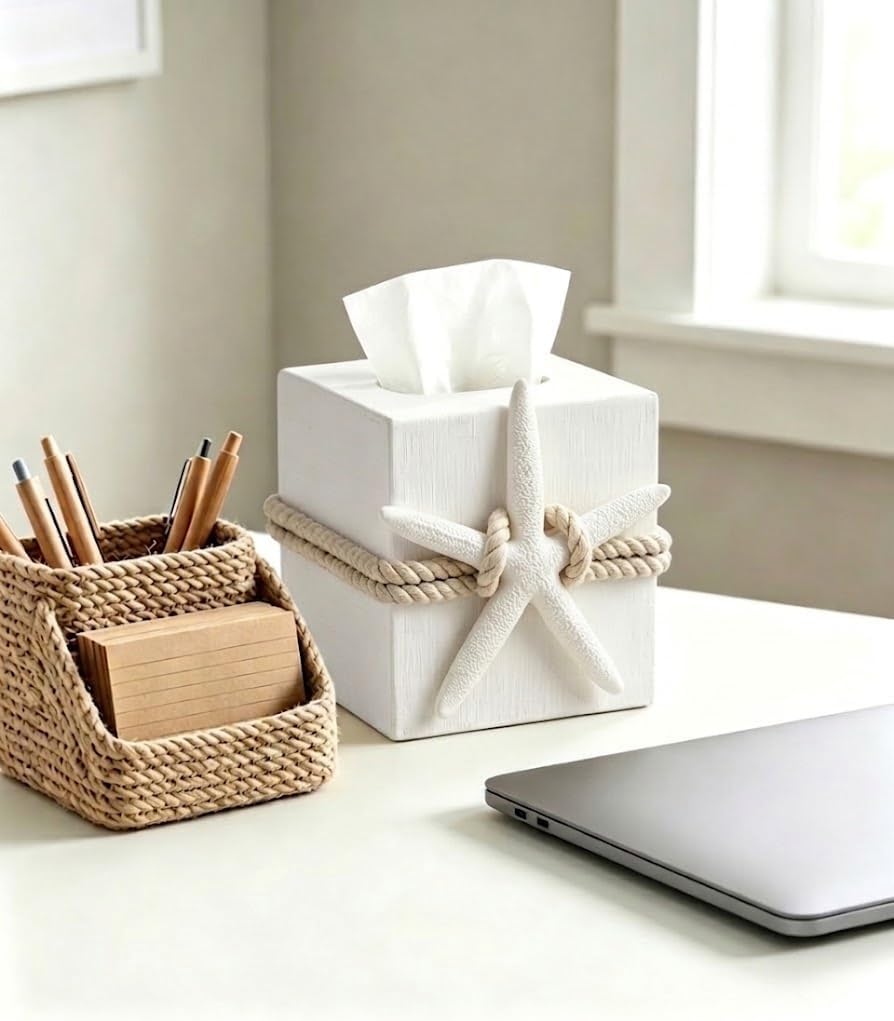 Starfish Tissue Box Cover, Beige Linen Square Tissue Holder with Detachable Starfish Ornament, Magnetic Bottom Design, Coastal Farmhouse Decor for Bathroom, Nightstand, Living Room & Office Desk image 5