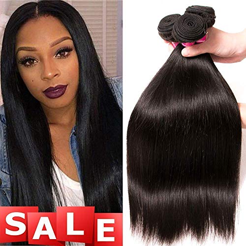 QinMei Brazilian Straight Hair 3 Bundles 8A 100% Virgin Unprocessed Human Hair Weave Extensions Brazilian Remy Straight Human Hair Bundles Natural Black Color (12 14 16 inch)