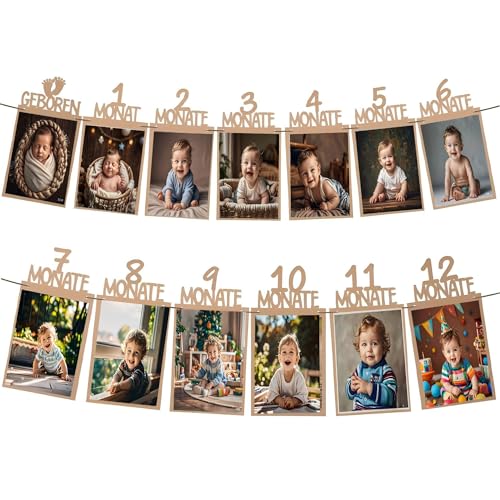 Fotogirlande 1. Geburtstag für Mädchen Jungen Party, Baby Foto Banner für 1 bis 12 Monate, Hängende Wanddekoration für Party Deko (Khaki)