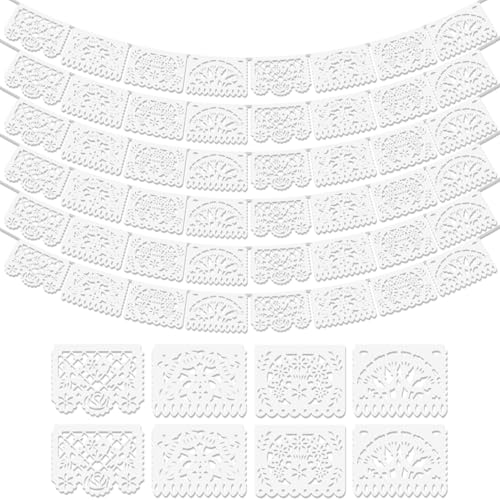 Asoulin 6Pack White Papel Picado Banner, Cinco De Mayo Decoration Plastic Mexican Banner Wedding Fiesta Party Decoration 5 De Mayo Mexican Themed Mexico Birthday Party Decor Supplies - 4 Patterns/90Ft
