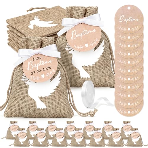 24 Pcs Sachet Baptême Jute,Etiquette Baptême,Boite Dragees Bapteme,Pochette Dragée Motif Colombe,Decoration Bapteme,Perle Faveur Décoration Fête