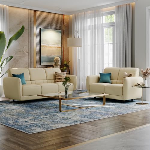 Image of Wakefit Solomon Robin 5 Seater Sofa Set, Beige, 3+2 Seater, L Shape, Wooden, Leatherette, 5 Year Warranty
