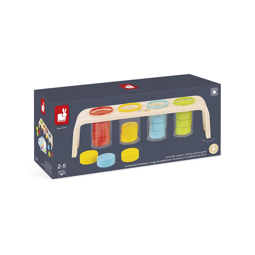 Janod - Essential - Colours Sorting - Wooden Early Learning Educational Game - Teaches Colours and Fine Motor Skills - Water-Based Paint - Ages 2 and Up, J05066