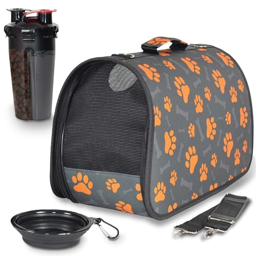 Transportin Perro Gato Conejo,Transportin Perro Pequeño,Transportin Gato Grande,Mochila para Gatos con Bebedero Perro Portatil y Botella Agua Perro Transportin Plegable (M, Huellas)