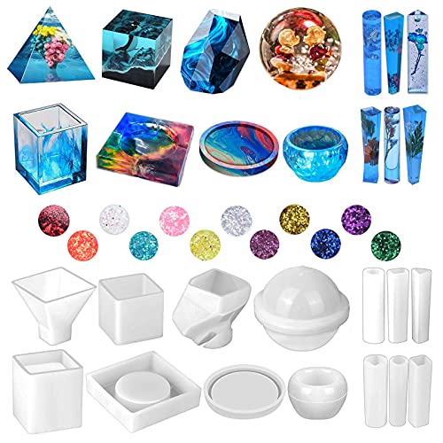 Silicone Resin Molds Kit 26PCS, Dyroubo Epoxy Resin Molds, Large Resin Casting Molds with 12 Glitter Sequins for UV Resin Casting, Including Sphere, Cube, Pyramid, Ashtray, Coaster, Stone & Pendants