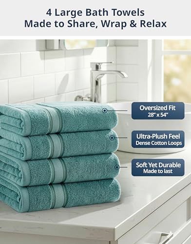 Image of Lane Linen 100% Cotton Bath Towels 4 Pack (28 inchx54 inch) - Zero Twist, Premium Cotton Large Towels Set for Bathroom - Quick Dry, Soft & Absorbent Large Bath Towel Set - Oeko Tex Certified, Pre Shrunk- Teal