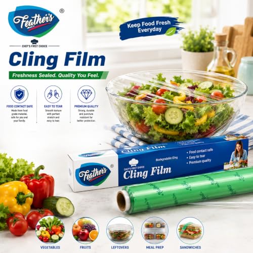 Image of Feather's Cling Film Food Wrap | Biodegradable | Multipurpose Food Wrapper | Eco-Friendly | Food Grade Quality for Sandwich, Fruit, Rolls, Lunch | Non-Stick | Microwave Safe (Pack of 2, 30m Each)