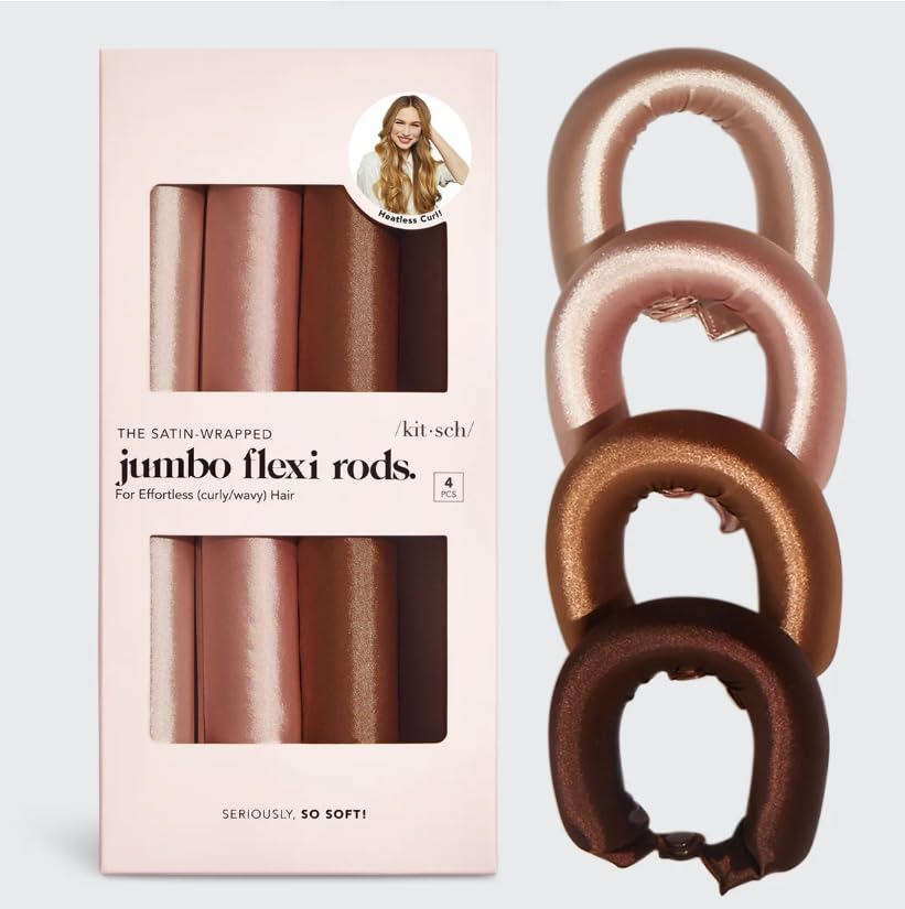 Kitsch Satin Hair Curlers, Heatless Curling Rod - Jumbo Flexi Rod, Heatless Hair Curler - Hair Curlers to Sleep In - No Heat Overnight Curls - For All Hair Types and Texture - 4pcs Rosewood